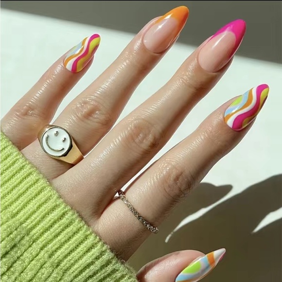 Acrylic Medium Almond Tip Swirl Lines Colorful French Tip Professional Nails - Picture 1 of 6